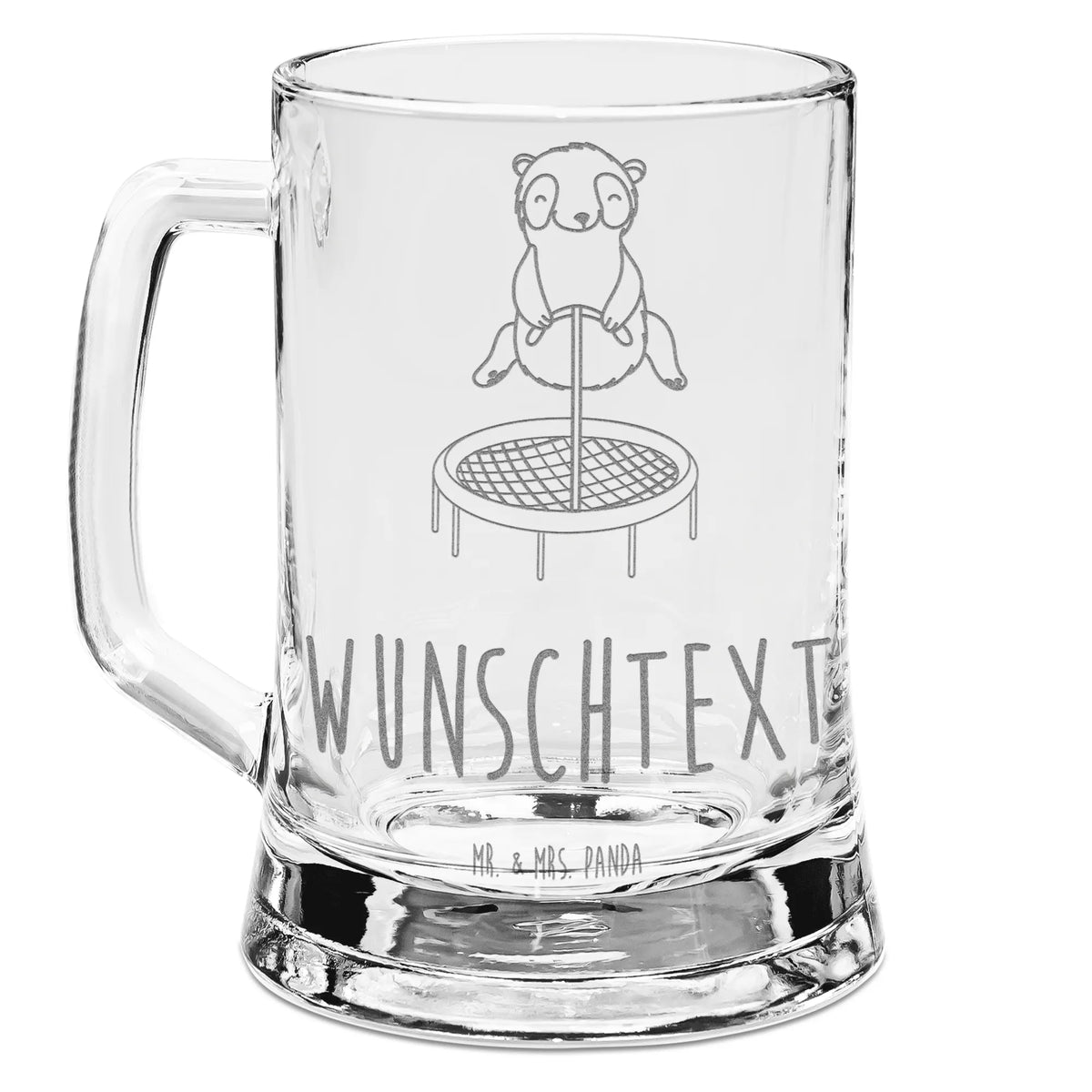 Personalized Engraved Beer Mug panda trampoline jumping Gift, sport, hobby, giving, thank you, award, profit, athlete, trampoline gymnastics, trampoline jumping, gym