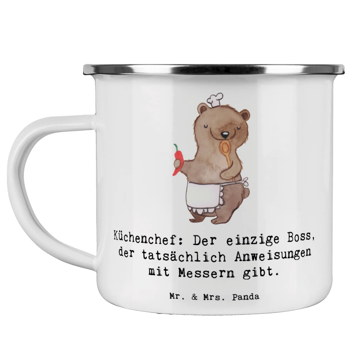 Enamel camping mug Küchenchef: Der einzige Boss, der tatsächlich Anweisungen mit Messern gibt. gift, sayings, gift idea, best, farewell gift, passing exam, anniversary, retirement, promotion, job start, profession