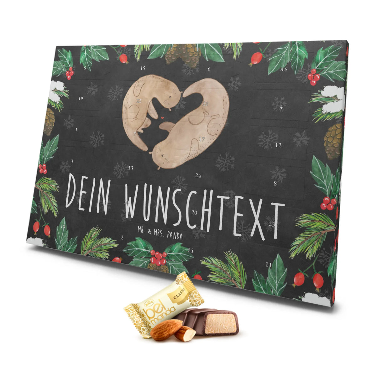 Personalisierter Marzipan Adventskalender Otter Herz Personalisierter Marzipan Adventskalender, Otter, Fischotter, Seeotter, Love you, Liebesbeweis, Bessere Hälfte, Liebesgeschenk, Herz, Liebe, Jahrestag, Hochzeitstag, Verlobung, gemeinsames Leben