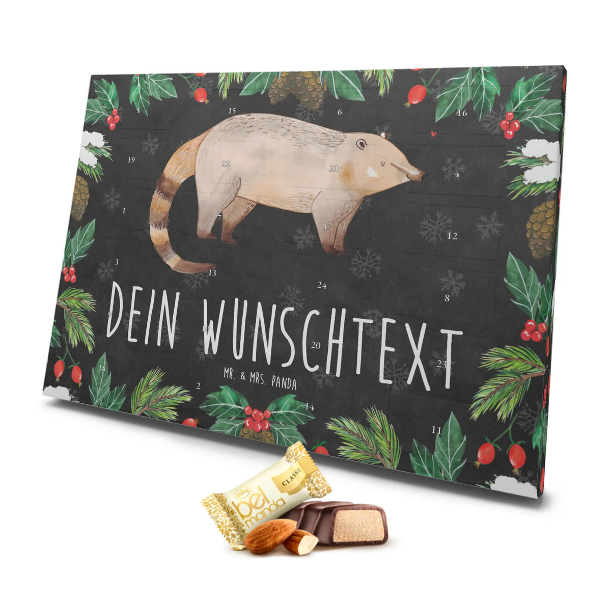 Personalisierter Marzipan Adventskalender Nasenbär Personalisierter Marzipan Adventskalender, Tiermotive, Gute Laune, lustige Sprüche, Tiere, Nasenbär, Rüsselbär, Nasenbären, Bär