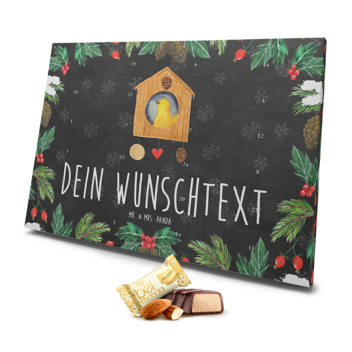 Personalisierter Marzipan Adventskalender Vogel Haus Personalisierter Marzipan Adventskalender, Tiermotive, Gute Laune, lustige Sprüche, Tiere, Vogel, Nest, Zuhause, Haus, Home sweet home, Familie, Wohnung, Lieblingsort, Vogelhäuschen, Eigenheim, unser Haus, Vögel, Castle, Vogelhaus