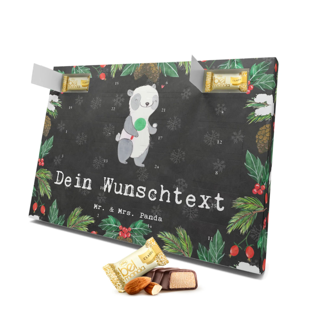 Personalisierter Marzipan Adventskalender Panda Tischtennis Personalisierter Marzipan Adventskalender, Geschenk, Sport, Sportart, Hobby, Schenken, Danke, Dankeschön, Auszeichnung, Gewinn, Sportler, Ballsport, Tischtennis Bund, Tischtennis Verein, Tischtennis