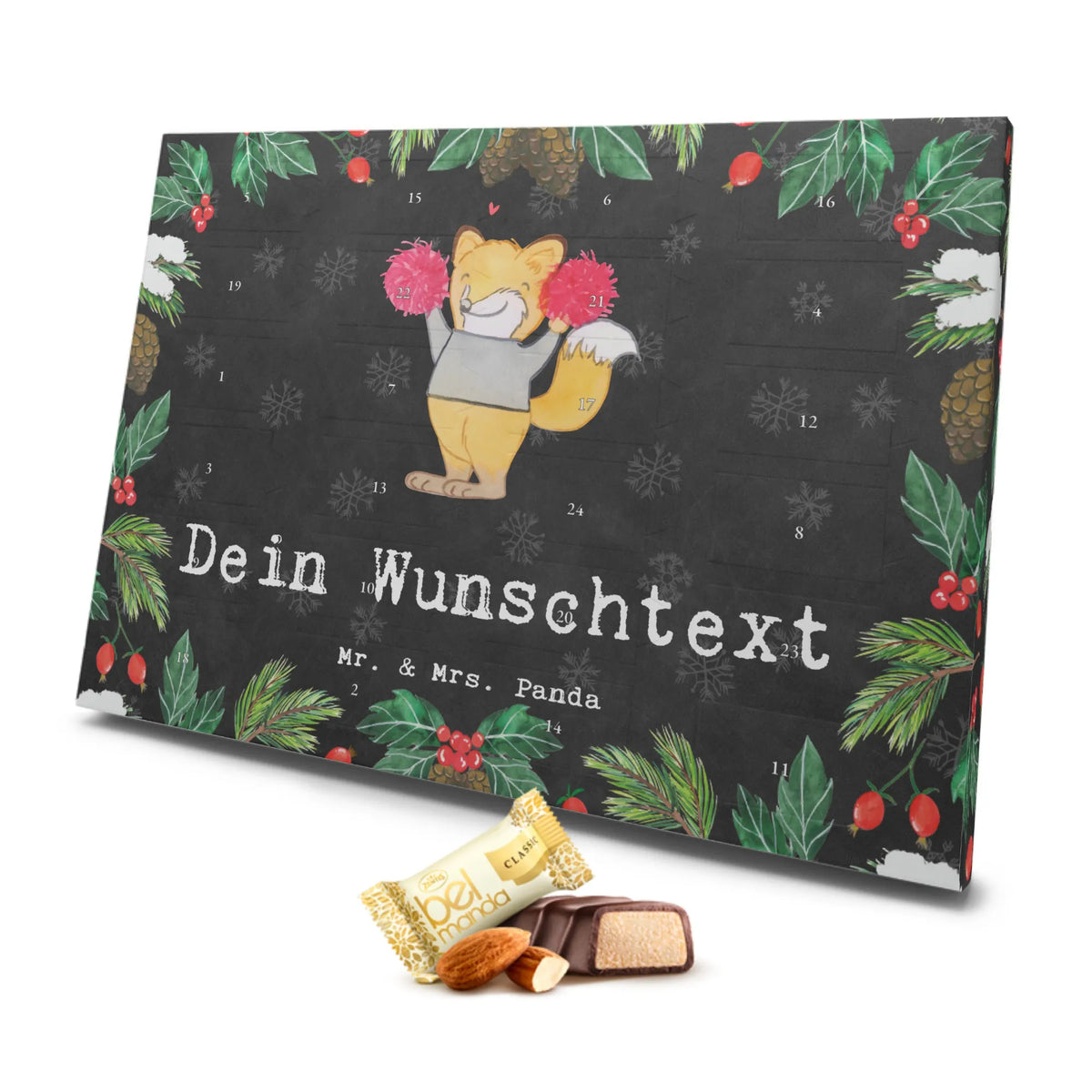 Personalisierter Marzipan Adventskalender Fuchs Cheerleader Personalisierter Marzipan Adventskalender, Geschenk, Sport, Sportart, Hobby, Schenken, Danke, Dankeschön, Auszeichnung, Gewinn, Sportler, Cheerleader, Turniere, Turnen, Cheerleading, Turn Club