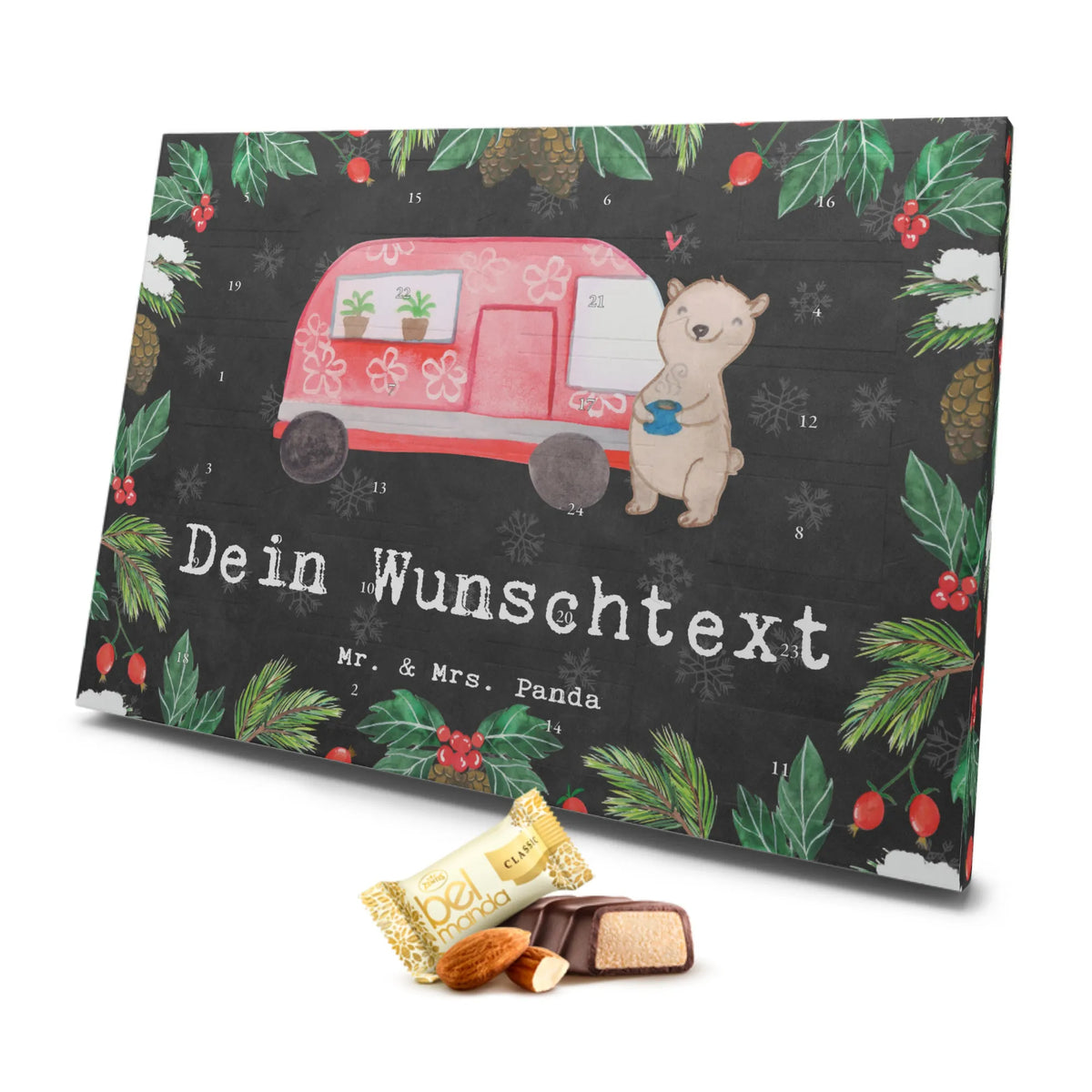 Personalisierter Marzipan Adventskalender Bär Camper Personalisierter Marzipan Adventskalender, Geschenk, Sport, Sportart, Hobby, Schenken, Danke, Dankeschön, Auszeichnung, Gewinn, Sportler, Zelten, Urlaub, Campingplatz, Camper, Campen, Wohnmobil, Roadtrip