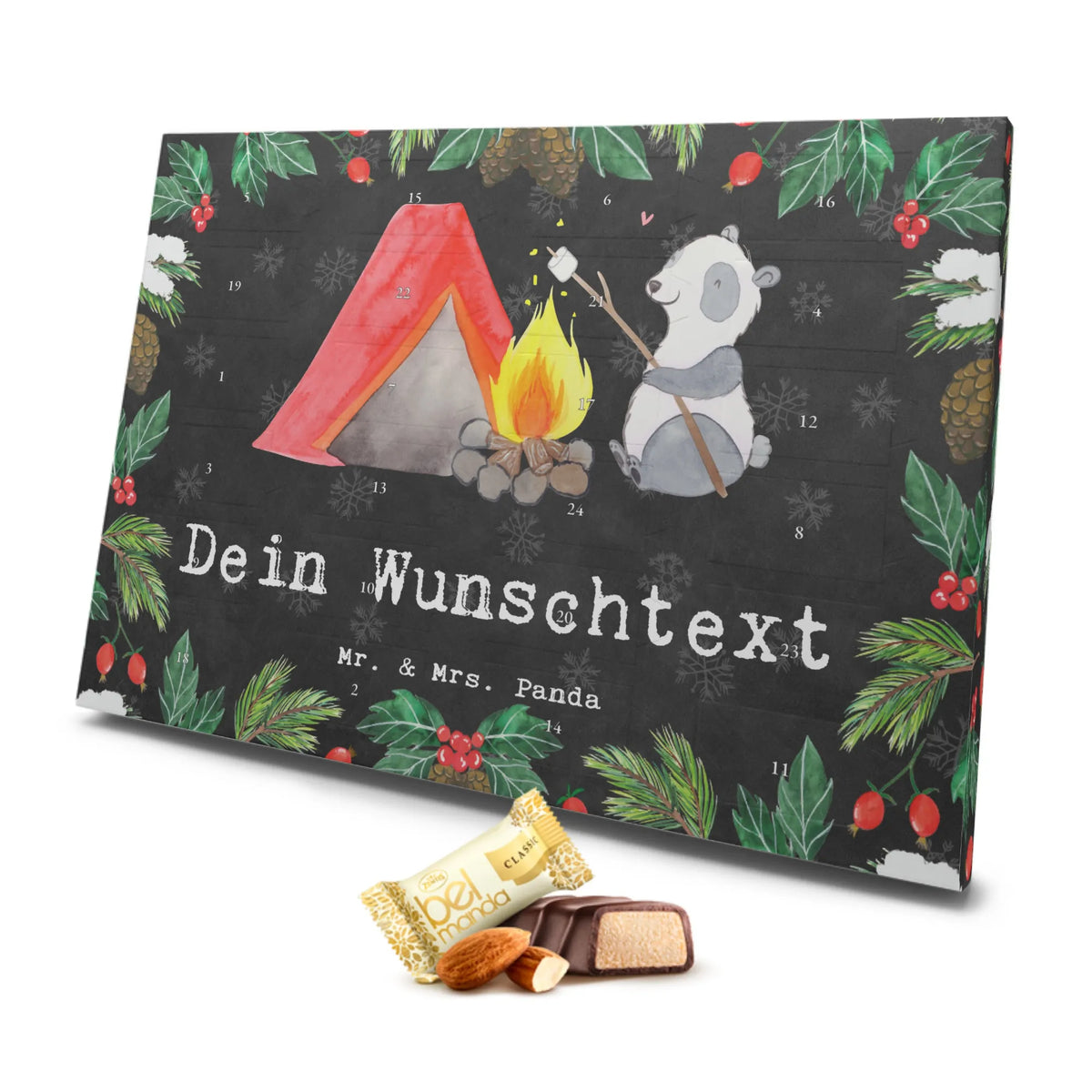 Personalisierter Marzipan Adventskalender Panda Campen Personalisierter Marzipan Adventskalender, Geschenk, Sport, Sportart, Hobby, Schenken, Danke, Dankeschön, Auszeichnung, Gewinn, Sportler, Campingplatz, campen gehen, Zelten, Camping, Campen