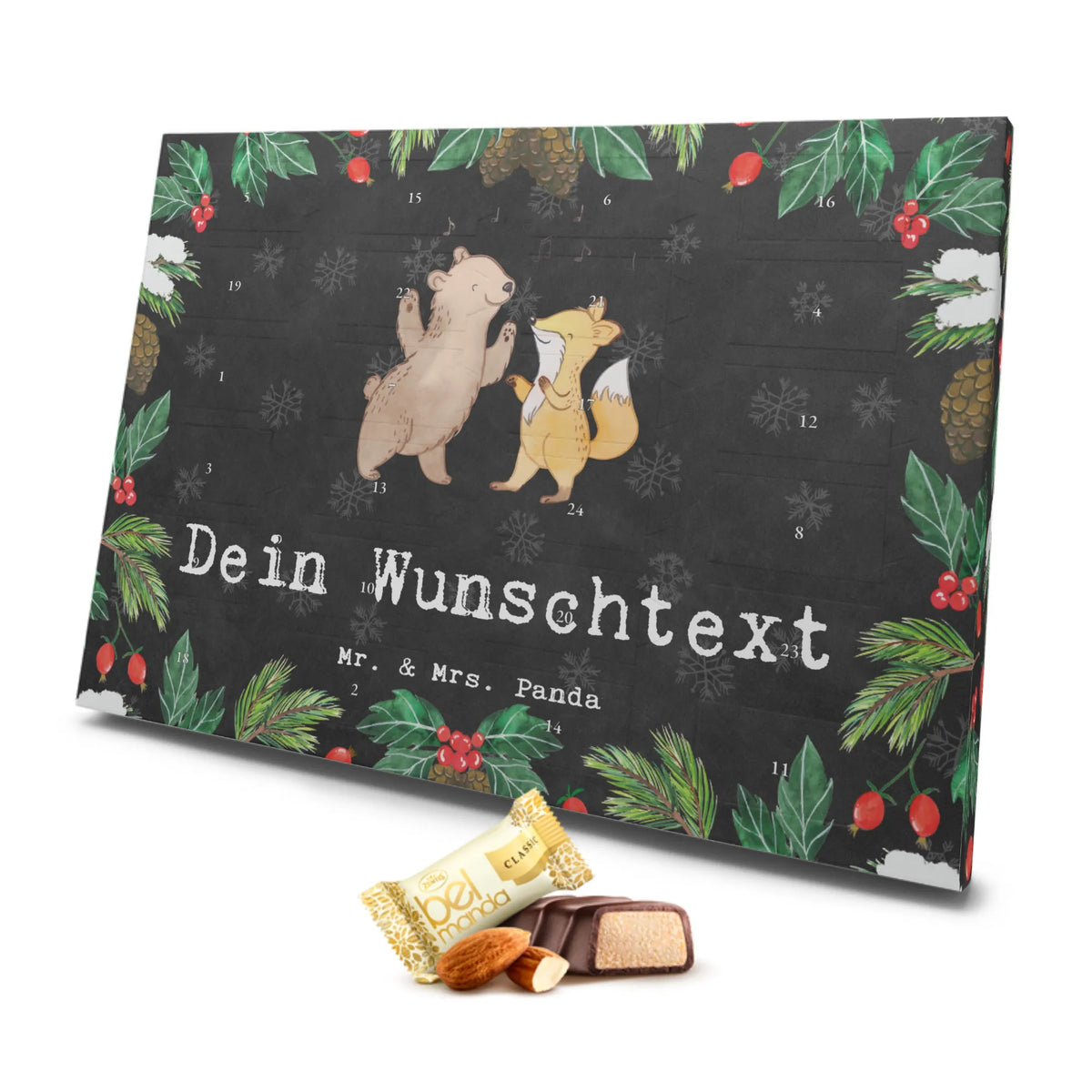 Personalisierter Marzipan Adventskalender Bär & Fuchs Disco Personalisierter Marzipan Adventskalender, Geschenk, Sport, Sportart, Hobby, Schenken, Danke, Dankeschön, Auszeichnung, Gewinn, Sportler, Tanzen, Feiern, Disco, Clubbing, Clubs