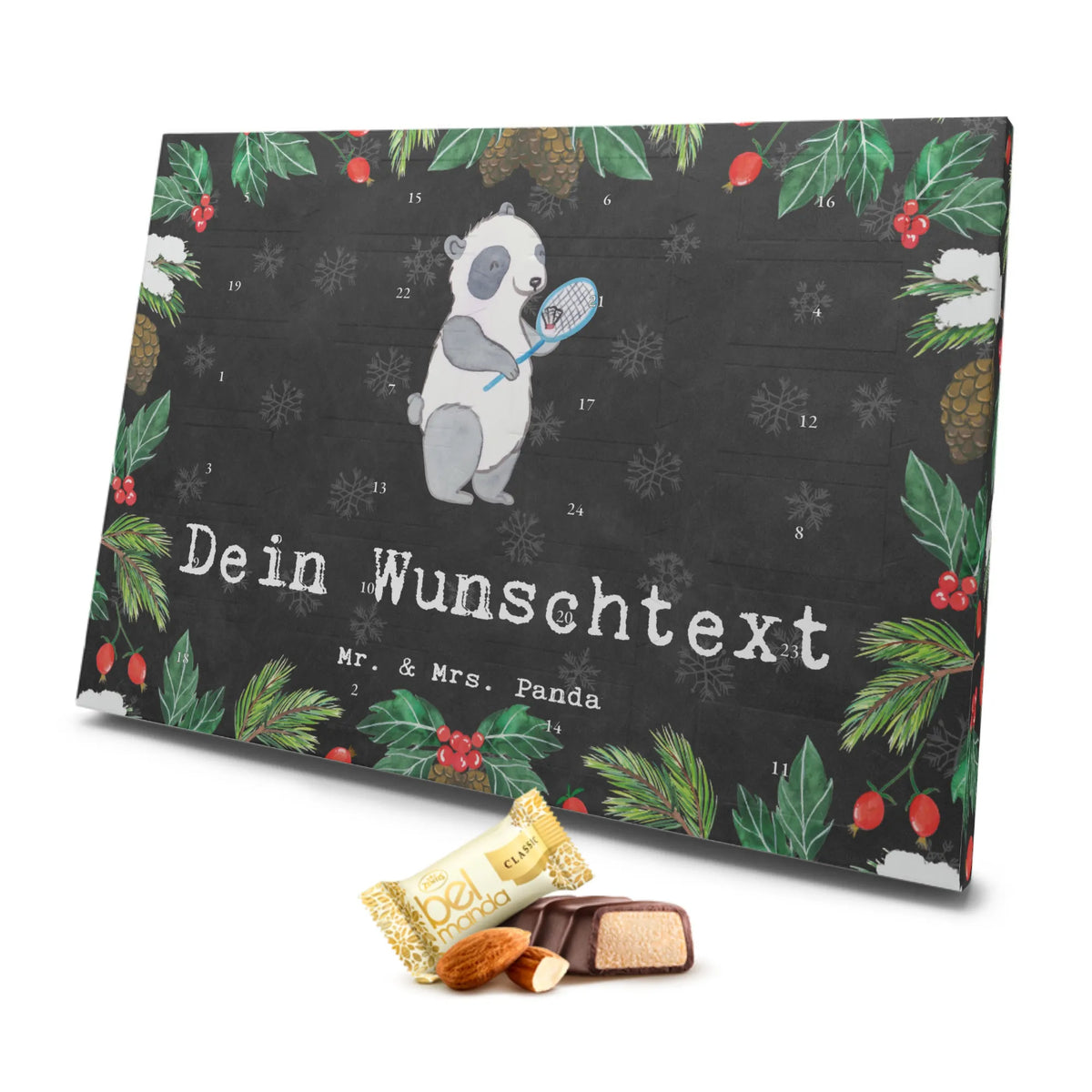 Personalisierter Marzipan Adventskalender Panda Badminton Personalisierter Marzipan Adventskalender, Geschenk, Sport, Sportart, Hobby, Schenken, Danke, Dankeschön, Auszeichnung, Gewinn, Sportler, Badminton, Badminton spielen