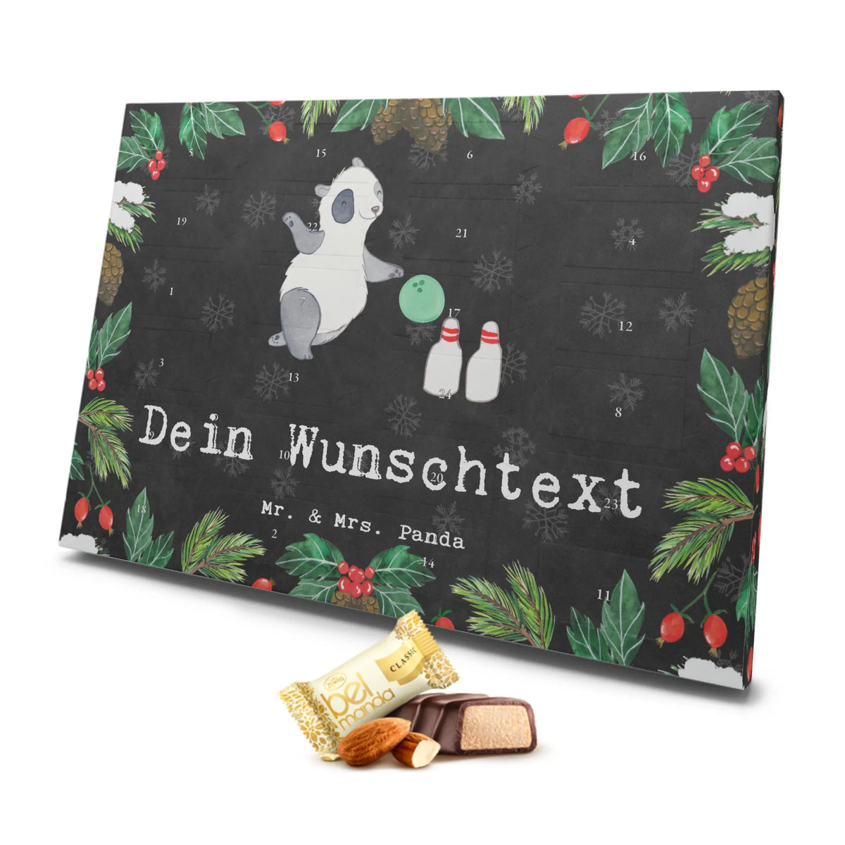 Personalisierter Marzipan Adventskalender Panda Bowling Personalisierter Marzipan Adventskalender, Geschenk, Sport, Sportart, Hobby, Schenken, Danke, Dankeschön, Auszeichnung, Gewinn, Sportler, Bowlen gehen, Bowling, Bowling Center