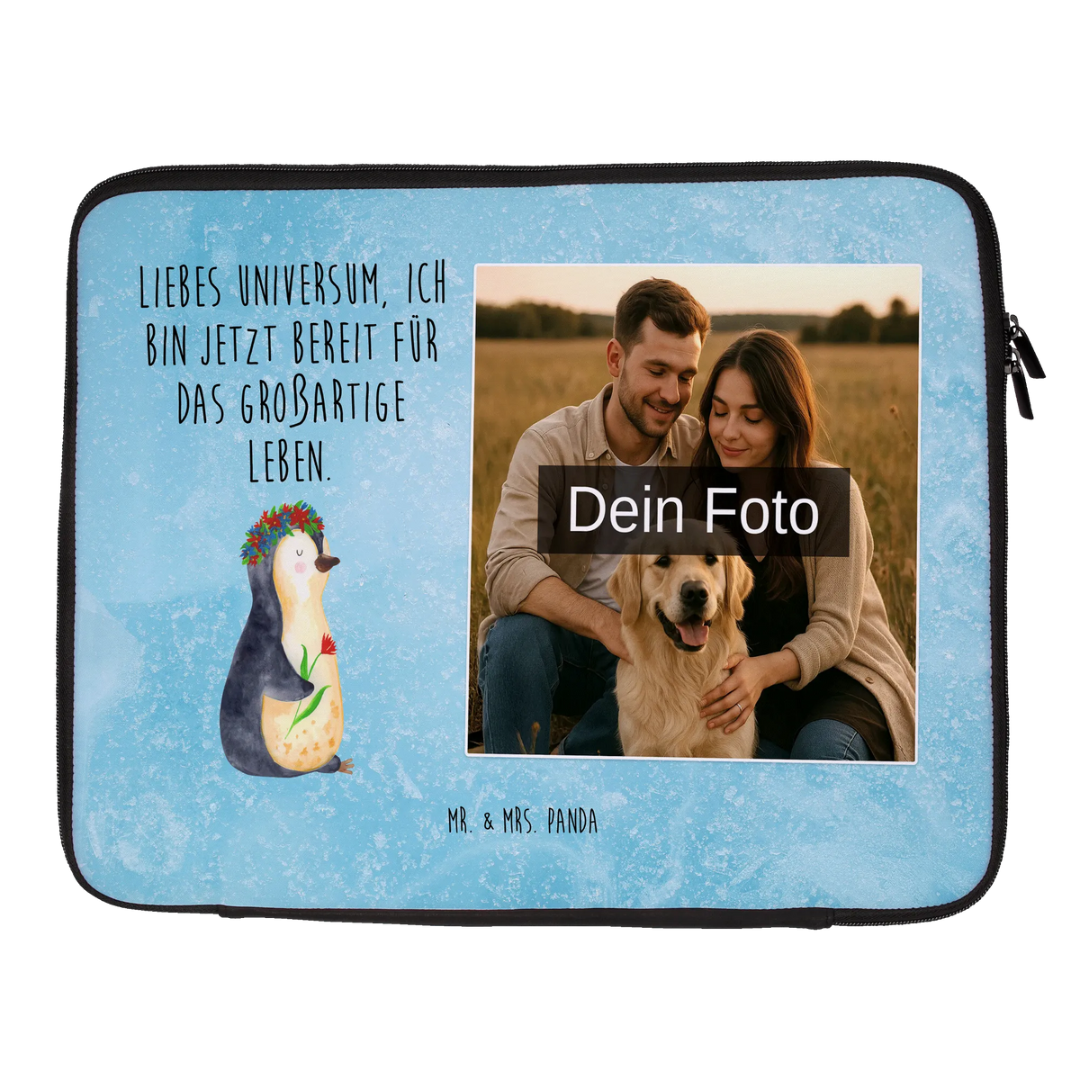 Spersonalizowana torba na notebook ze zdjęciem pingwin kwiaty Wasserfeste Notebooktasche Mit Wunschfoto, Notebooktasche mit eigenem Foto, Laptoptasche mit Foto, Laptoptasche mit eigenem Foto, Foto Laptop Tasche, Laptoptasche Mit Fotodruck, Laptoptasche mit Bild, Pinguin, Lebenslust, Universum, Motivation, Leben, Geschenkidee, Ziele, Wünsche, Lebensziele, Liebeskummer, Blumenkranz, Pinguine