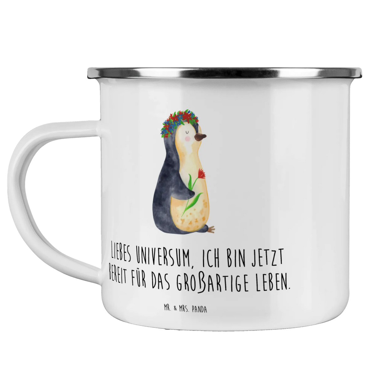 Enamel camping mug Penguin Flower Penguins, North Pole, universe, gift idea, love of life, lovesickness, wishes, wreath of flowers, penguins, goals, goals in life
